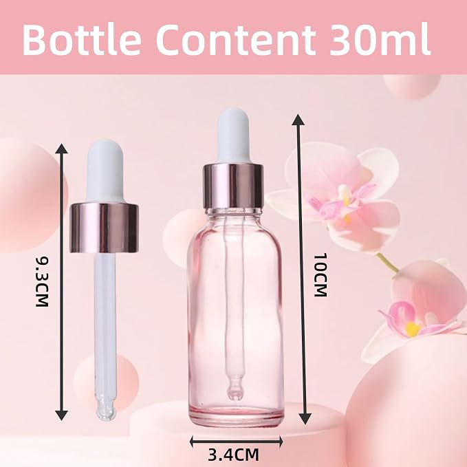3PCS Dropper Bottle 1 oz Glass Dropper Bottles with Dropper Pipettes Small Sample Dropper Bottles Refillable with Funnels and Labels for Essential Oils, Aromatherapy(30ml Pink)