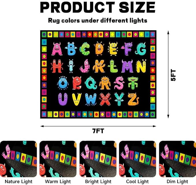 Alphabet Monster Area Rug for Kids 5'x7' Colorful ABC Learning Carpet Non Slip Educational Play Mat for Nursery Bedroom Playroom Classroom Living Room Home Decor