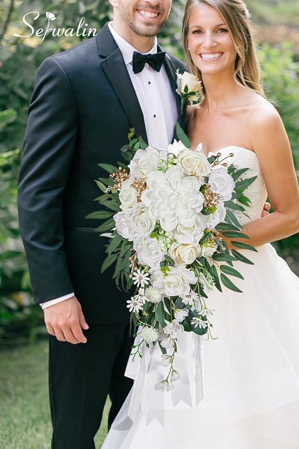 Serwalin 10 Inch Wedding Bouquets for Bride,Ivory Bridal Bouquet of Fake Flowers, Bridesmaid Bouquets for Wedding Ceremony Bridal Shower and Anniversary Day Decor