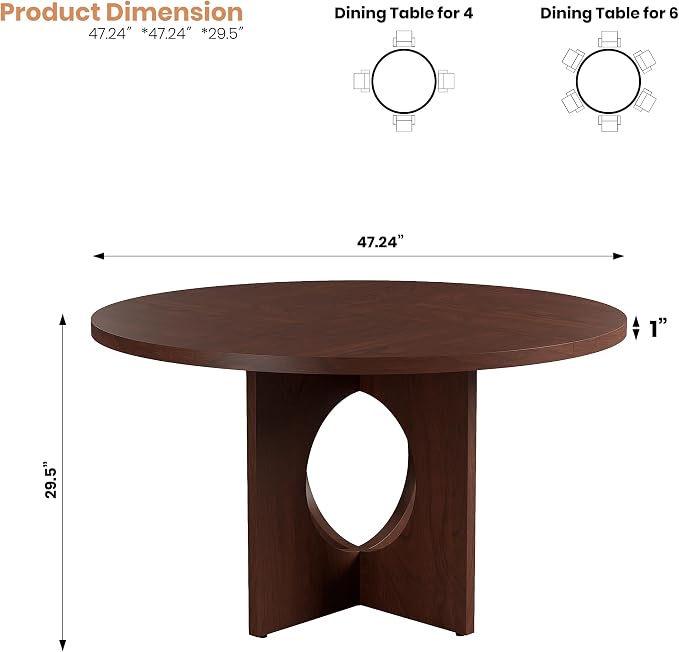Garvee 47" Round Dining Table for 4-6 People - Circle Kitchen Dinner Table with Sturdy Pedestal Base, Space Saving Dinning Room Furniture for Living Room, Kitchen, Apartment, Walnut