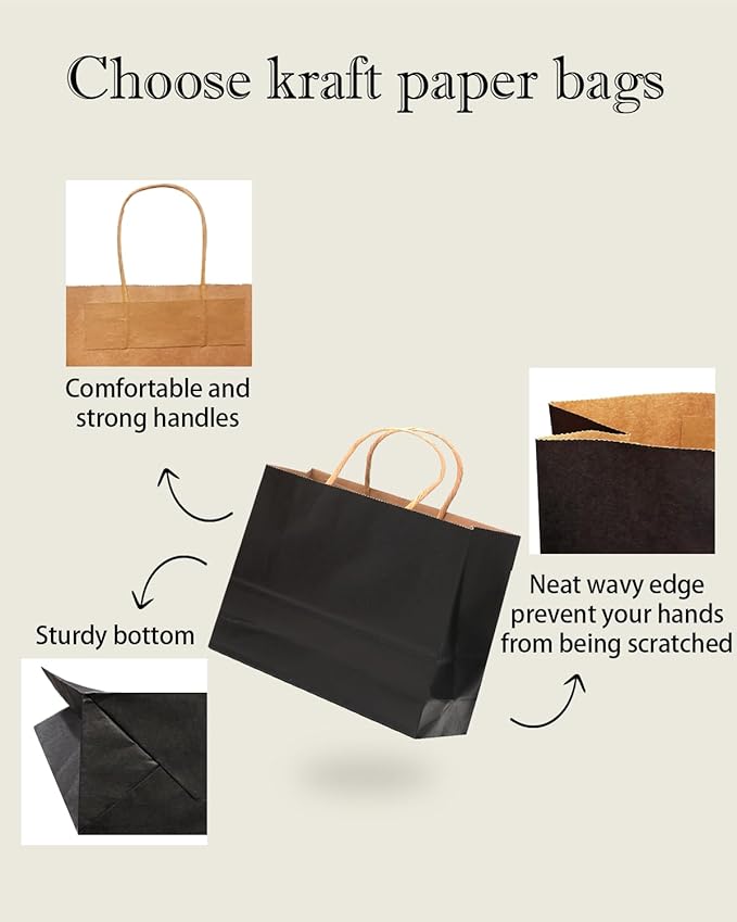 qiqee 13"x4.5"x10" Large Gift Bag with Handles Bulk 32PCS Gift Paper Bags Black Bags Multiple Uses (Wide Large)