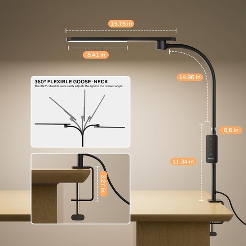 Honeywell HJ2 Sunturalux™ LED Desk Lamp - Full-Spectrum Eye-Caring Light with 3 Color Modes & Dimming | 16" Flexible Gooseneck (Black)