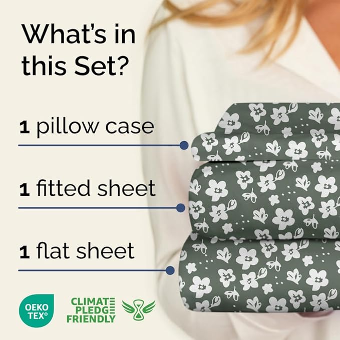 Floral Sheets - Green Floral Bed Sheet Set - 1 Flat, 1 Fitted & 1 Pillowcase w/ Deep Pockets - Comfy, Wrinkle & Fade Free - Boho Botanical Bedding - Ultra-Soft, Breathable & Cooling - Twin XL Size Set