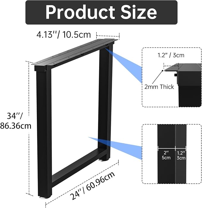 TOCRETOARE Metal Table Legs Heavy Duty, 34”H x 24”W, Metal Furniture Legs for Dining Desk Bench and Coffee Table, Industrial Black DIY Iron Bench Legs, Set of 2