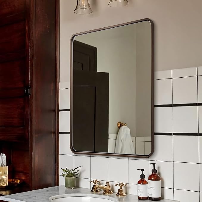 ANDY STAR Bronze Bathroom Mirror, 30x36 InchRounded Rectangle Oil Rubbed Bronze Mirror, Bronze Mirrors for Wall Metal Framed, Iron Tube, 1’’ Deep, Wall-Mounted Horizontally/Vertically