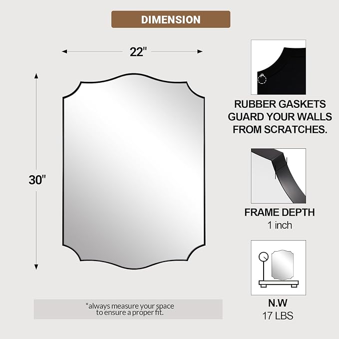 ANDY STAR Black Bathroom Vanity Mirror, 22x30 Irregular Wall Mirror, Scalloped Wall Mirror in Stainless Steel Metal Frame, Asymmetrical Mirror for Bathroom, Bedroom, Living Room, Mantel