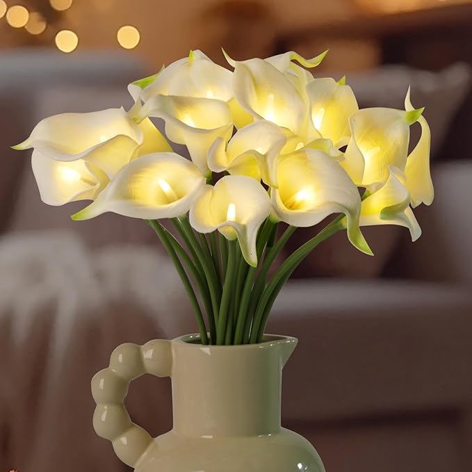 20pcs Lighted Artificial Calla Lily Bouquet Lamp Faux Floarl Night Light Real Touch Flower Night Lamp LED Calla Lily Lighted Artificial Flower for Holiday Gifts Home Kitchen Decor(White)