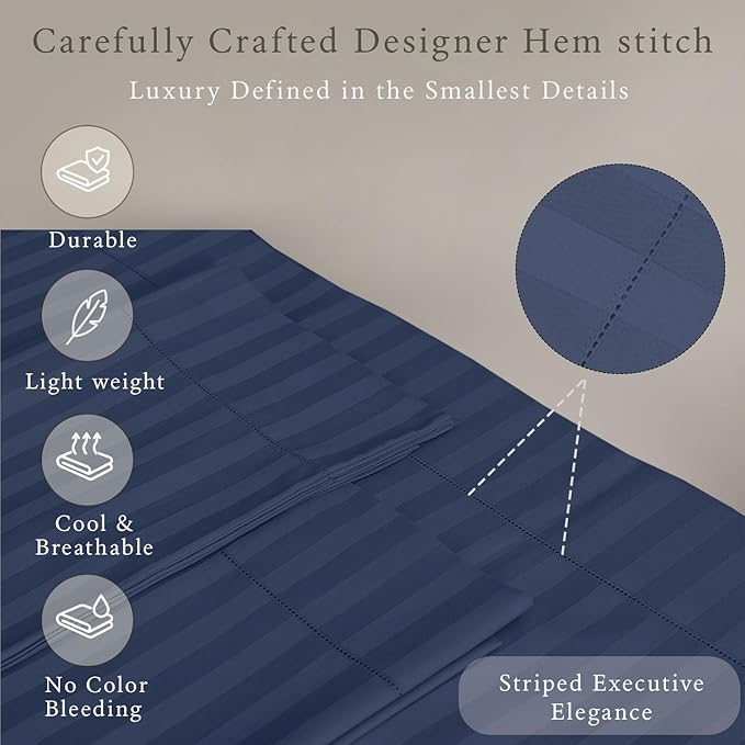 Threadmill 500 Thread Count Twin Size Damask Stripe, 3 Pc Luxury Cotton Bedding Set, Breathable Folkstone Blue Sheets with 15" Elasticized Deep Pocket, 1 Pillowcase & Free Tote Bag