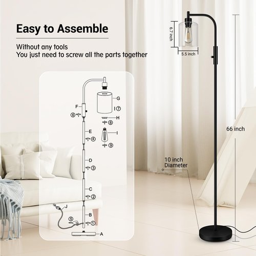 BoostArea Dimmable Floor Lamp - Modern Standing Lamp with Glass Shade & 6W LED Bulb | Ideal for Living Room & Bedroom