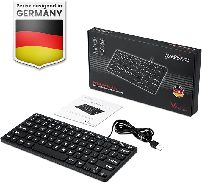 Perixx PERIBOARD-332 Wired Backlit USB Keyboard - Mini 11.22x4.57x0.83 Inches - Slim Scissor Keys with Big Font - White Illuminated LED - US English