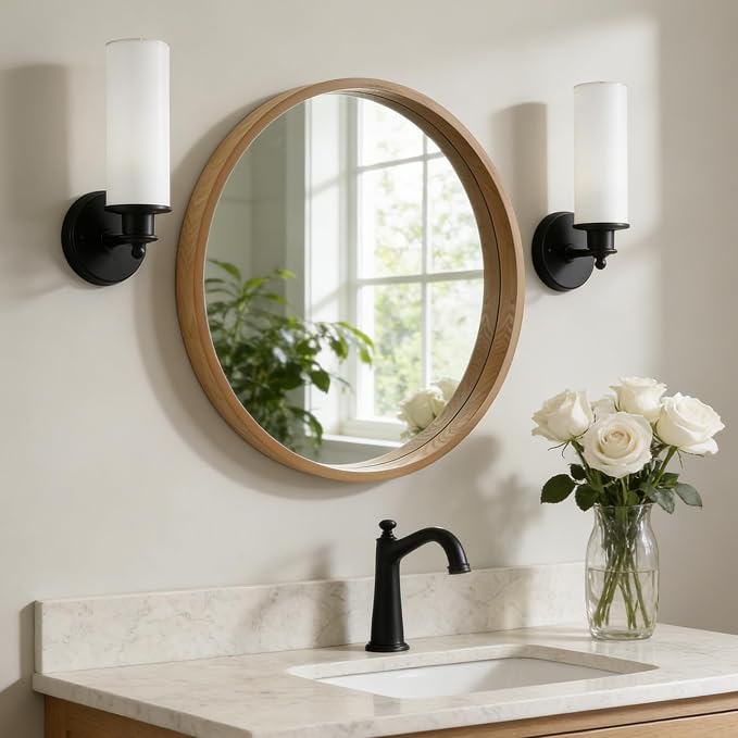 WallBeyond 24 Inch Natural Round Wood Mirror, Circle Wooden Frame Wall Mirror for Bathroom, Living Room, Bedroom, Entryway