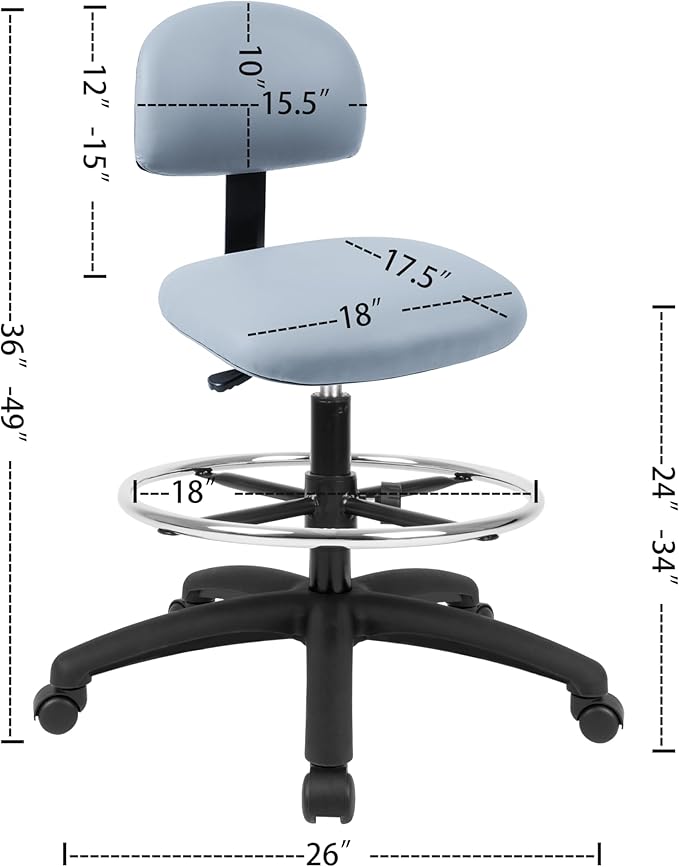 Chair Master FSS Series Square seat Tall (24"-34") seat Height Chair. Vinyl-for Office, Garage, Desk, Shop, Computer, Doctor, Medical, Easy to Clean! 18" Footring (Gray, Tall, _Standard Casters)