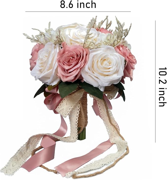 Wedding Bouquets for Bride, Champagne White & Pink Bridal Bridesmaid Wedding Flowers, Artificial Toss Rose for Civil Ceremony (Jute Rope Handle)