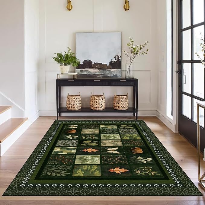 3'x5' Vintage Green Botanical Area Rug Non-Slip Washable Nature Patchwork Carpet Boho Floor Mat Rugs for Entryway Bedroom Living Room Nursery Kitchen Playroom Home Decor