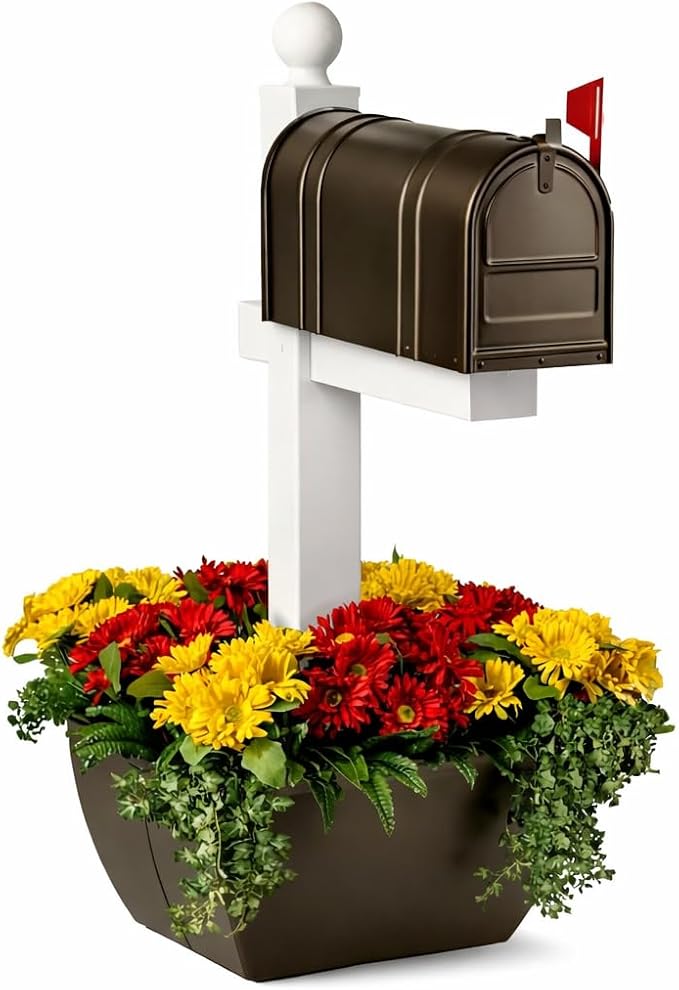 SnapPot® Mailbox Planter Box – 24" Resin Wrap for 4×4 & 6×6 Posts, 16+ Gal Planter with Drainage – Deep Earth Brown