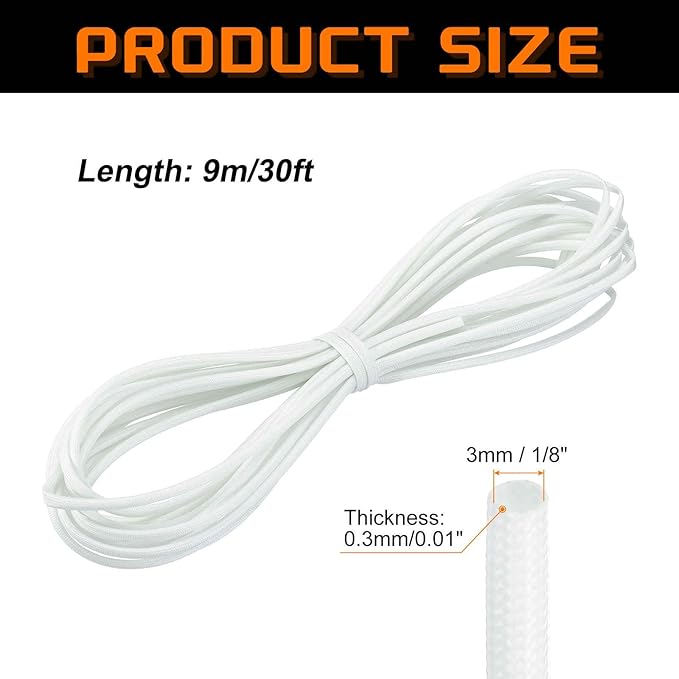 MECCANIXITY 30ft Braided Cable Sleeve, 1/8" ID 200C High Temperature 1500V Fiberglass Wire Insulation Cord Protector Organizer Wires Management for Motor Engine Fuel Line, White
