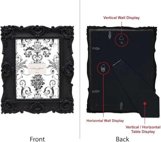 Laura Ashley 5x7 Black Ornate Textured Hand-Crafted Resin Picture Frame with Easel & Hook for Tabletop & Wall Display, Decorative Floral Design Home Décor, Photo Gallery, Art, More (5x7, Black)