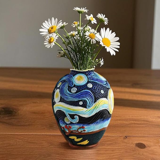 Starry Night Vase Plant Pot,Van Gogh Inspired Resin Flower Pot - Abstract Rainbow Planter with Artistic Brushstroke Design Stylish Art Flower Pot Unique Home Decor for Plants (2pcs)