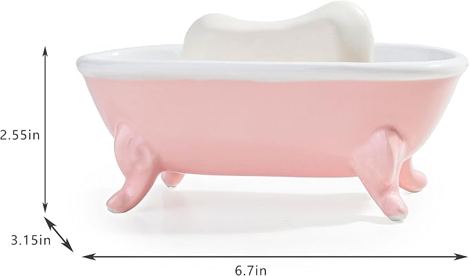 6.7" Ceramic Mini Clawfoot Bathtub Bar Soap Dish, Decorative Bar Soap Holder, Soap Tray Sponge Holder for Shower, Bathroom & Kitchen Sink (Pink)