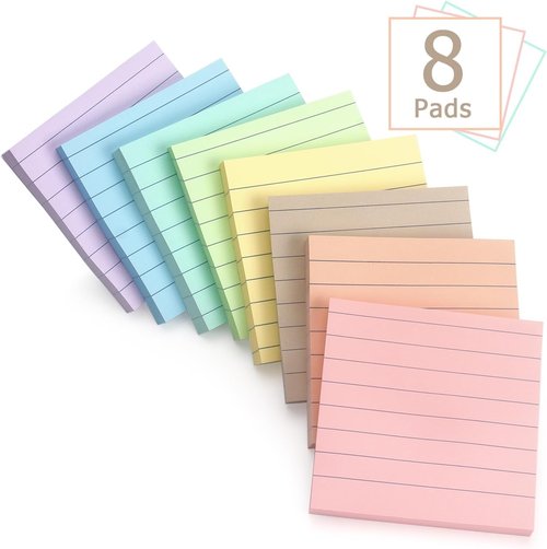 Lined Sticky Notes 3x3 Inch - 8 Pack Premium Self-Adhesive Notepads | Light Colors for Office & Home Use