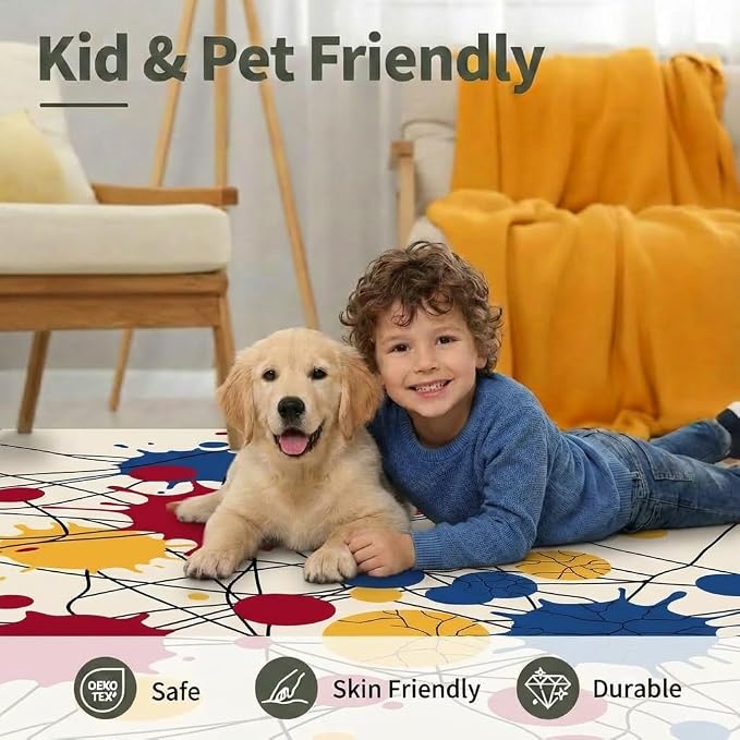5x7 Modern Abstract Design Area Rugs for Living Room, Colorful Paint Splatter Washable, Non-Slip Soft Short Pile Carpet for Kids Room, Bedroom & Playroom