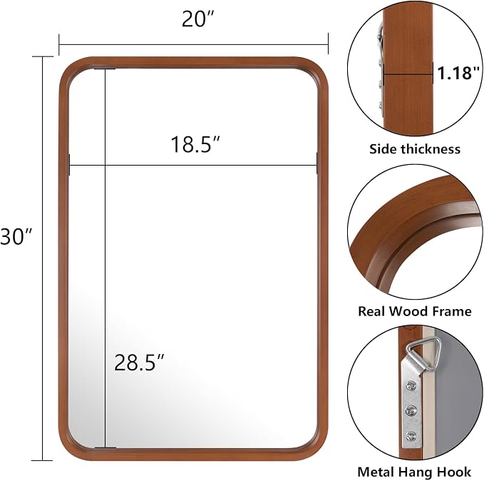 WallBeyond 20x30 Inch Wood Mirror for Bathroom, Wooden Frame Wall Mirror Farmhouse Wall Mounted Rectangle Mirror for Vanity (Horizontal/Vertical Walnut Color)