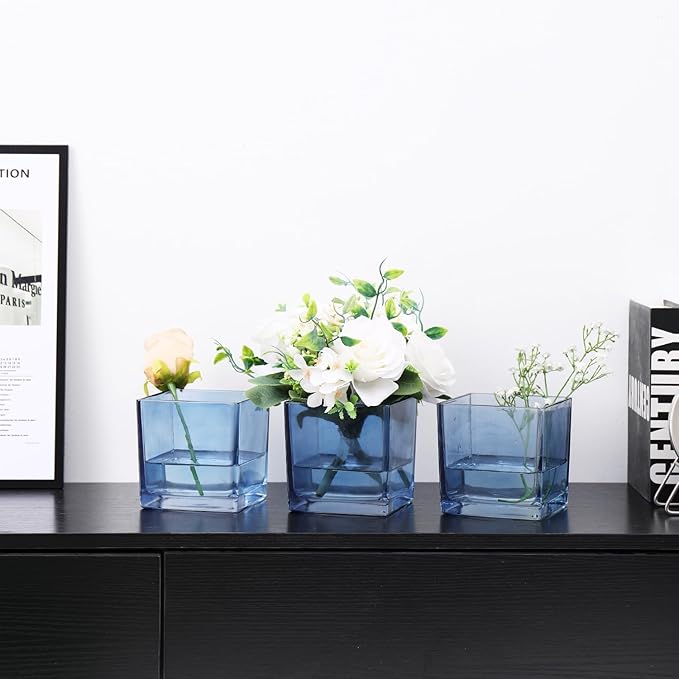 Square Blue Glass Vases Set of 2, 6" x 6" x 6" Square Vase for Centerpieces, Flower Vases for Centerpieces, Small Vase for Wedding, Party, Home Office Decoration