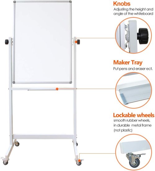 DEVELOP Magnetic Mobile Whiteboard - 36 x 24 Inches Double-Sided Dry Erase Board on Wheels for Home, Office & School