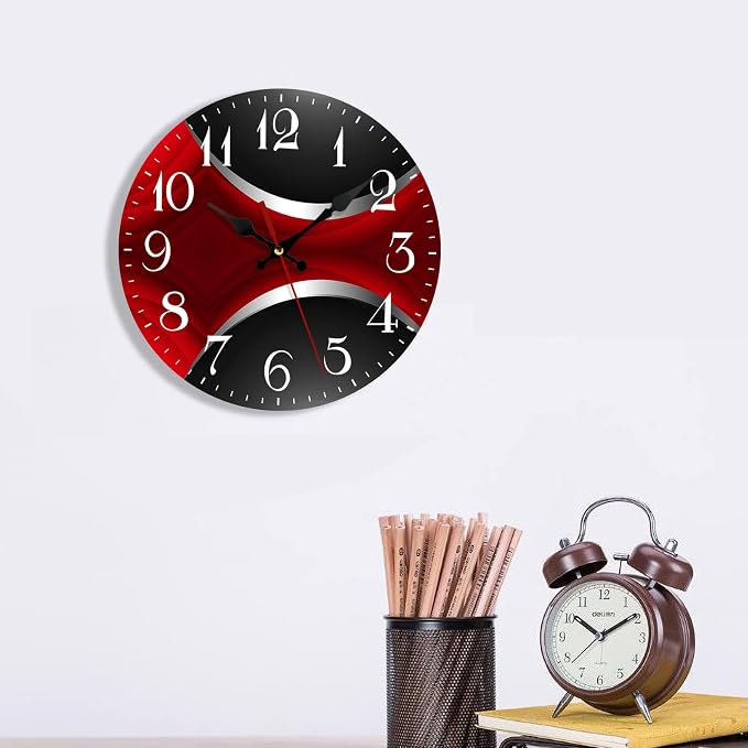 ArtSocket Wooden Wall Clock Silent Non-Ticking, Red Black Grey Irregular Geometric Grid Stripe Abstract Vintage Round Wall Clocks Decor for Home Kitchen Living Room Office, Battery Operated(12 Inch)