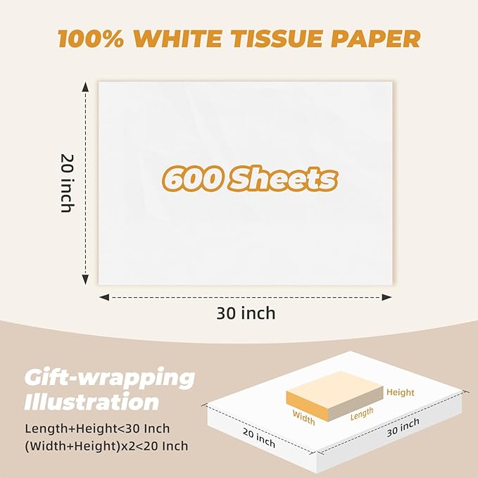 Simetufy 600 Sheets White Tissue Paper Bulk, 20" x 30" Packing Supplies for Moving & Packaging, Gift Wrapping Tissue Paper for Gift Bags, Weddings, Birthday, Holidays, and Christmas Crafts Decor