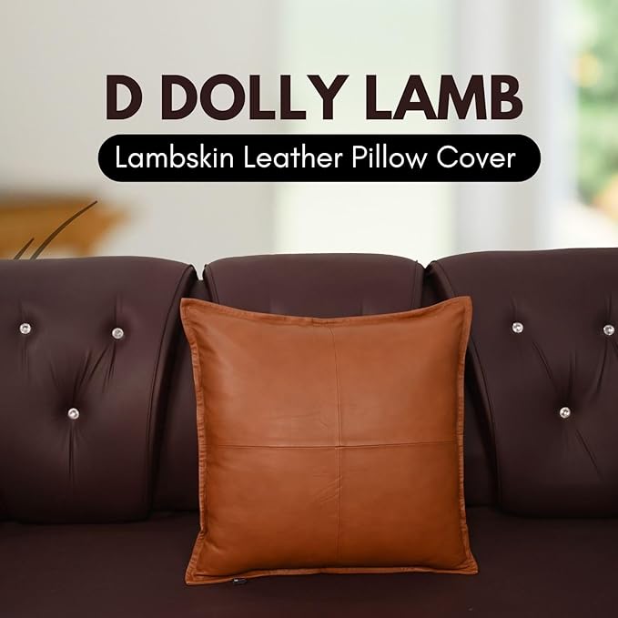 D DOLLY LAMB Lambskin Leather Pillow Cover - Sofa Cushion Case - Decorative Throw Covers for Living Room & Bedroom, 14x14 Inches - Camel Antique Box