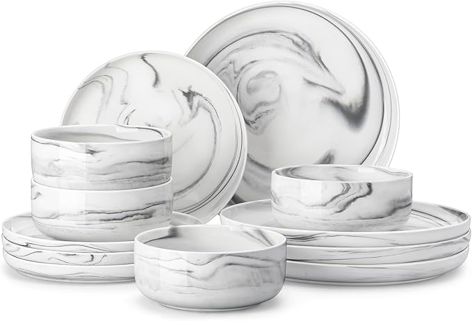 MALACASA Plates and Bowls Sets, 12 Pieces Porcelain Dinnerware Sets Dishware Sets Chip Resistant Ceramic Dish Set Dining Dinner Ware Service for 4, Marble Grey, Series LUNA