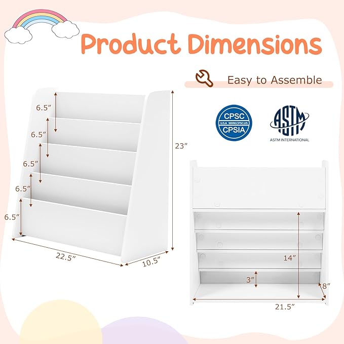 Costzon 4-Tier Kids Bookshelf, Front Facing Children Bookcase with Deep Compartments, Magazine Storage Rack for Kids Bedroom, Playroom, Nursery, Classroom, Kindergarten (White)