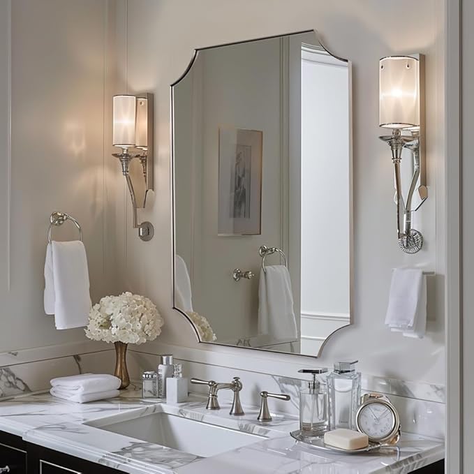 ANDY STAR 20x30 Inch Scalloped Mirror, Brushed Nickel Bathroom Mirror for Over Sink, Vanity Mirror with Scalloped Corners Design, Rustproof Stainless Steel Thin Frame, Ideal for Narrow Space Remodel