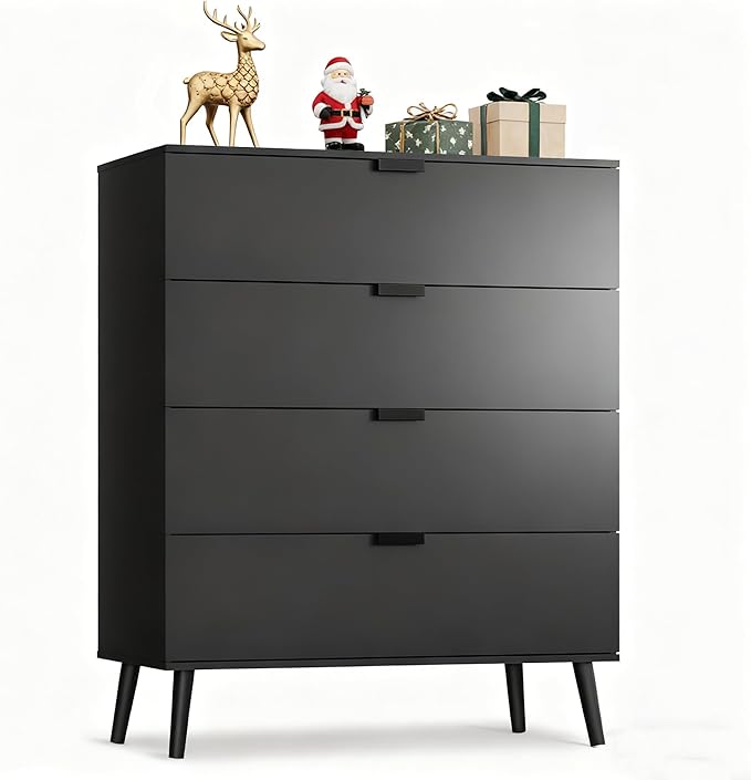 WLIVE 4 Drawer Dresser for Bedroom, Wooden Black Tall Dresser, Modern Dressers with Sturdy Metal Handle, Small Chest of Drawers for Living Room, Hallway