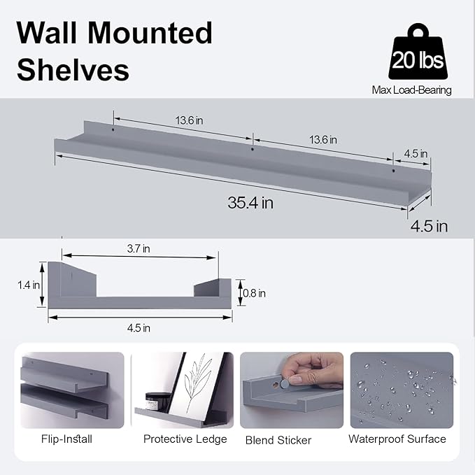 Floating Shelves for Wall Decor, Long Wall Mounted Storage Shelf for Bedroom, Living Room, Bathroom, Kitchen, Nursery, Modern Display Picture Ledge Shelf with Lip Set of 2-36 Inches, Grey