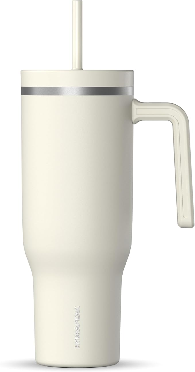 Hydrapeak Voyager 40 Oz Stainless Steel Tumbler with Handle, Insulated Water Bottle With Straw & Lid, Cupholder Friendly Reusable Travel Mug (Ivory)