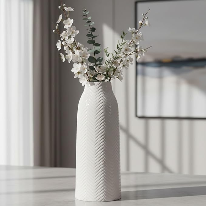 hjn Large White Vase for Flowers Ceramic Vase for Home Decor Tall Vases for Your Floor/Kitchen/Office/Living Room/Table- White Texture(Large)
