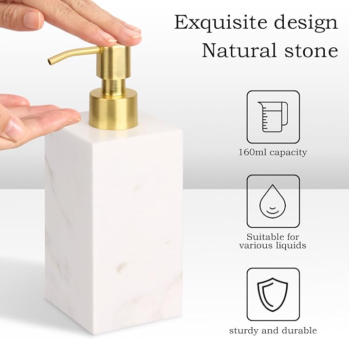 Natural Marble Soap Dispenser for Bathroom and Kitchen Countertop - 5.41 Ounces Hand Lotion and Liquid Stone Shampoo Laundry Bottle with Pump (1, White, Rectangular Bottle)