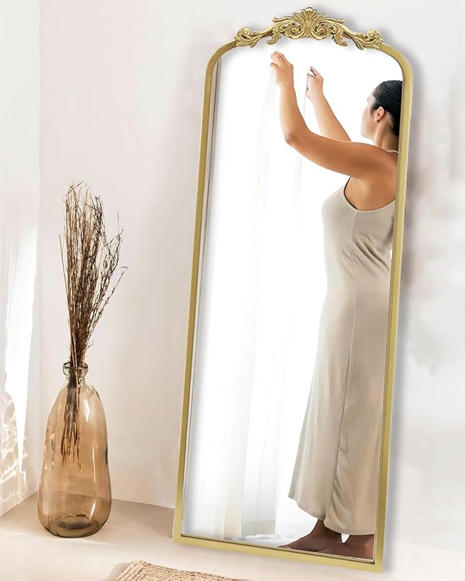 Vintage Gold Antique Arched Full Length Floor Mirror 22"X65",Traditional Elegant Baroque Floor Body Mirror with Ornate Matel Frame, French Wall Mirror for Dressing/Living Room/Hallway