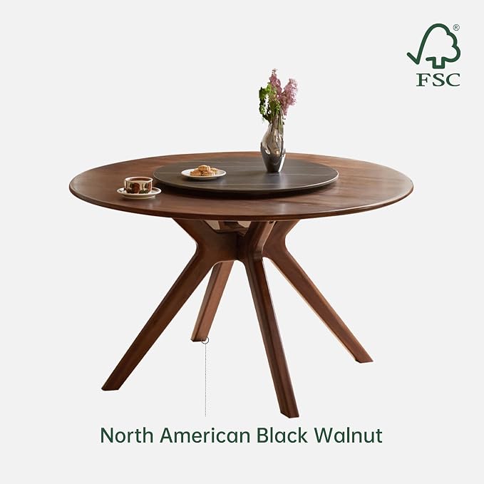 YESWOOD 43.3’’ Round Black Walnut Dining Table for 4-6, Solid Wood Kitchen Table with Intersecting Pedestal Base, Farmhouse Circle Table for Dining Room, Living Room