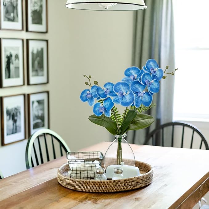 Oairse Blue Orchids Artificial Flowers, Faux Orchid in Glass Vase Real Touch Small Phalaenopsis Orchid Flowers Arrangements with Clear Vase Orchids Centerpiece for Dining Room Table