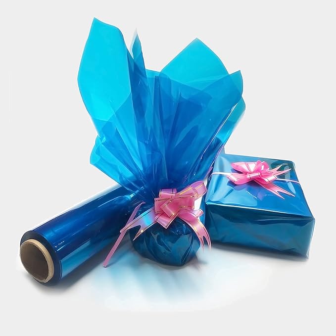 200 ft Blue Cellophane Wrap Roll (16 In x 200 Feet) - 2.5 Mil Thick for Gift Baskets, Bouquets, Party Decorations