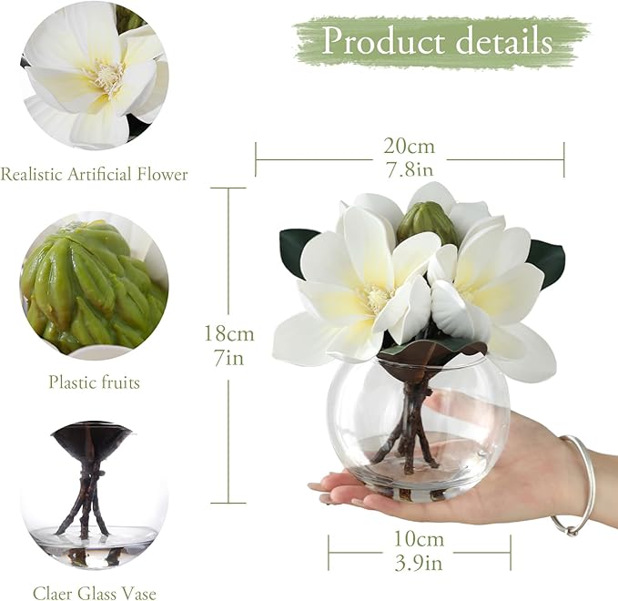 Artificial White Magnolia Flowers in Glass Vase with Faux Water, Real Touch Silk Magnolia Floral Arrangement, Fake Magnolia Centerpiece for Home Dining Table Office Bathroom Shelf Decoration