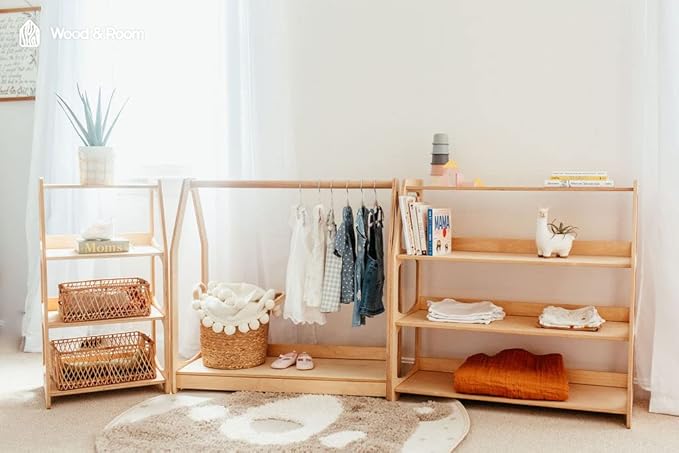 WOOD&ROOM Montessori Bookshelf for Toddlers - Toy Storage Shelf Organizer for Nursery, Playroom and Classroom - Floor Bookshelf for Kids - Small Display Rack for Books and Toys - Wooden Kids Bookcase