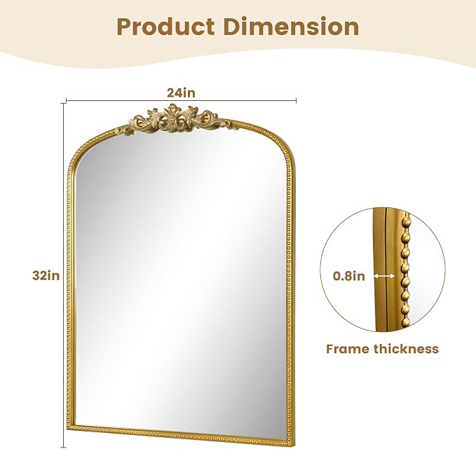 WallBeyond Gold Vintage Mirror for Vanity 24x32 Inch, Gold Antique Mirror with Ornate Frame, Arched Vintage Wall for Bathroom, Living Room, Fireplace, Entryway