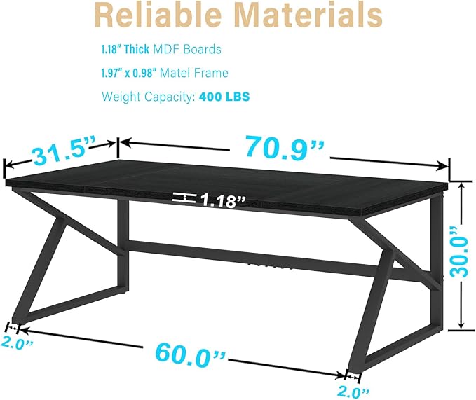 HSH 70 Inch Long Black Desk, Large Metal Wood Computer Desk for 2 Monitors, Modern Home Office PC Laptop Desk for 2 People Executive Writing Work Study Gaming, Simple Bedroom Living Room Black Table