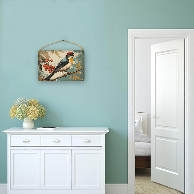 Vintage Bird Themed Wood Plaque Wooden Wall Decor 12x8 Inch Farmhouse Home Decor Entryway Kitchen Bedroom Nursery Art for Nature Lovers Rustic Hanging Decors