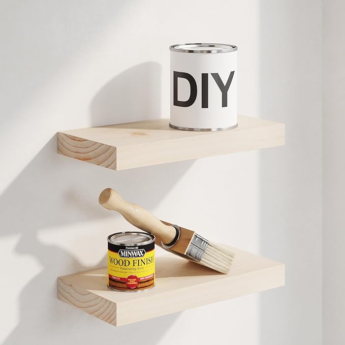 Homeforia Wood Floating Shelf 12 inch, High End Solid Natural Wood 12inch Floating Shelves for Wall Mounted, Unfinished Small Wooden Floating Shelves, Heavy Duty Bracket, 12 X 6.5 X 1.75 in, Set of 2