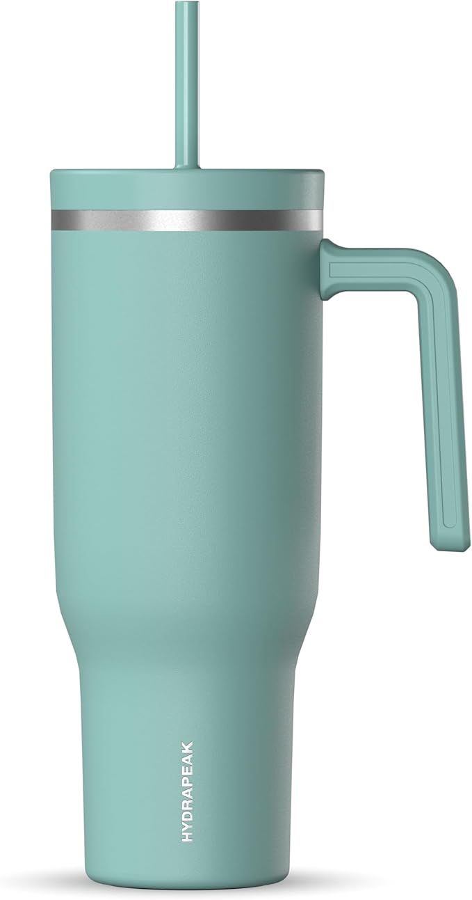 Hydrapeak Voyager 40 Oz Stainless Steel Tumbler with Handle, Insulated Water Bottle With Straw & Lid, Cupholder Friendly Reusable Travel Mug (Pale Sage)